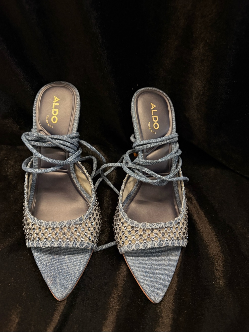 ALDO Denim Pointed Toe Lace-Up Heels in Light Blue with Embellished Upper